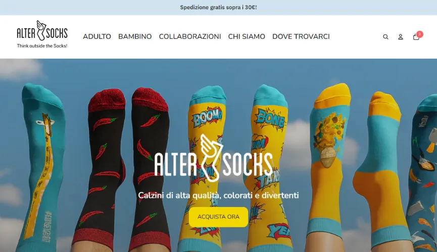 Homepage Alter Socks con hero colorata e collezione calzini