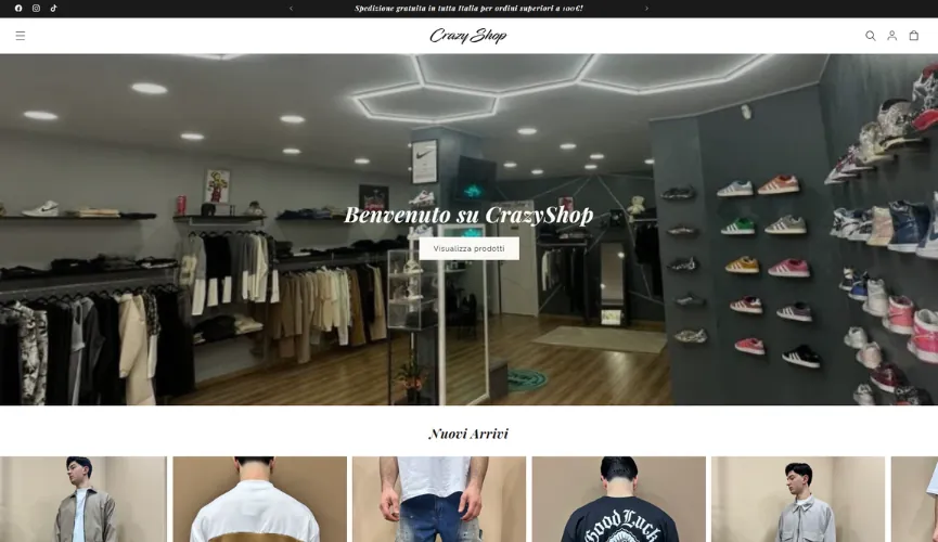 Homepage CrazyShop con hero negozio abbigliamento uomo