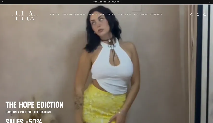 Homepage dello store Hope Abbigliamento con la collezione in evidenza