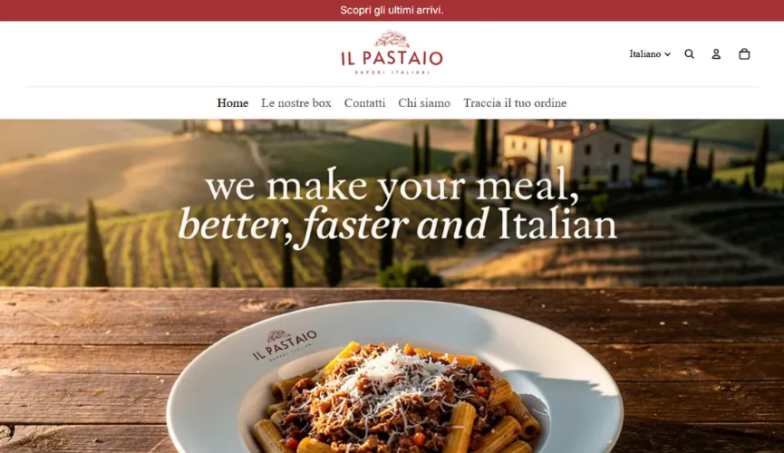 Homepage Il Pastaio con hero pasta e navigazione e-commerce food