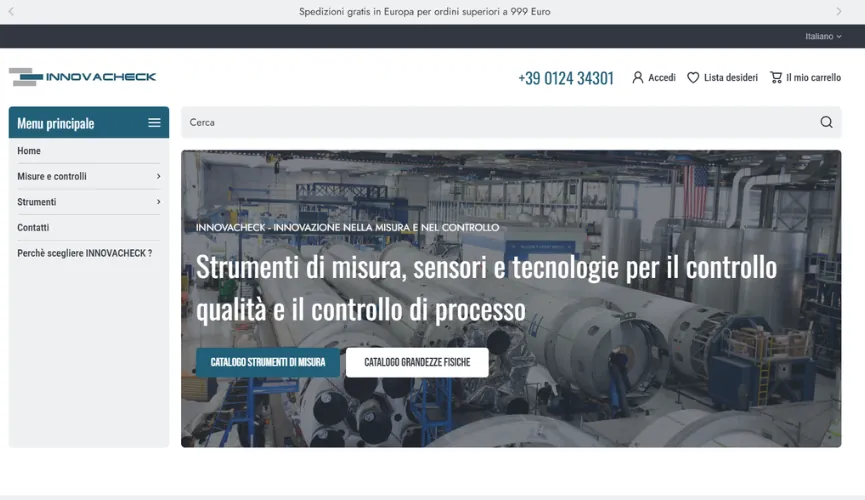 Homepage dello store Innovacheck con menu laterale e hero industriale