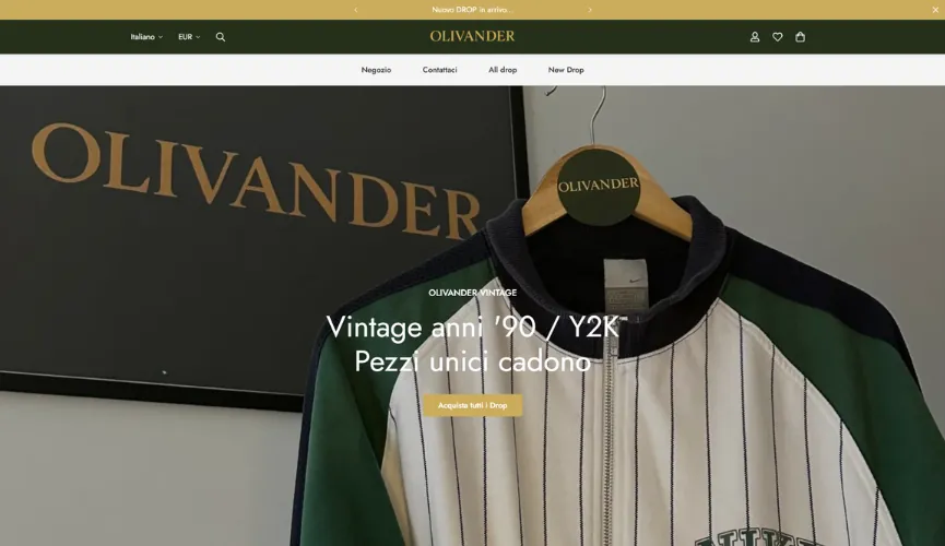 Homepage Olivander Vintage con hero del brand e capi in evidenza