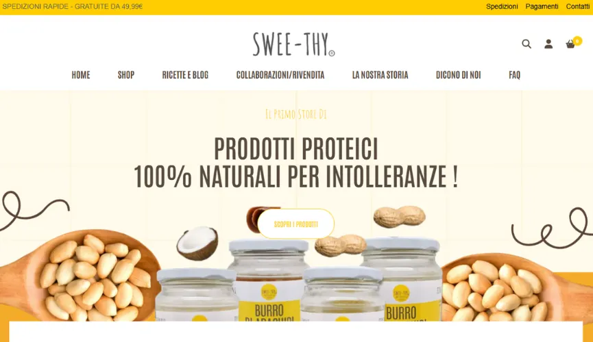 Homepage Swee-thy dopo la migrazione da WordPress a Shopify